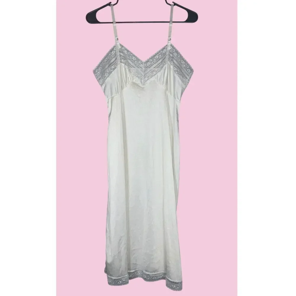 Vintage Sears Lace Trim White Slip Lingerie Sz 34 Nylon White Lace Bride Bridal - Picture 2 of 8